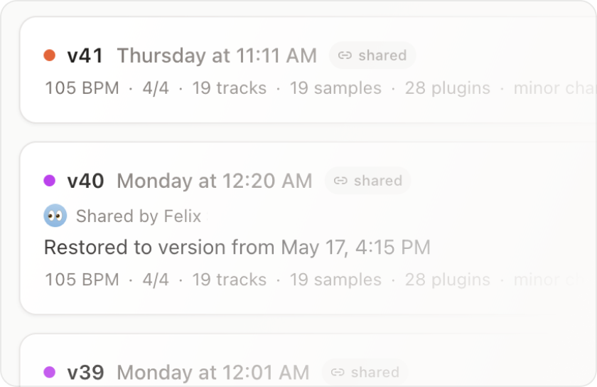 Snapshot timeline with v41, v40 and v39 listed with date and stats