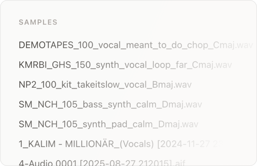 List of sample files bundled into a snapshot