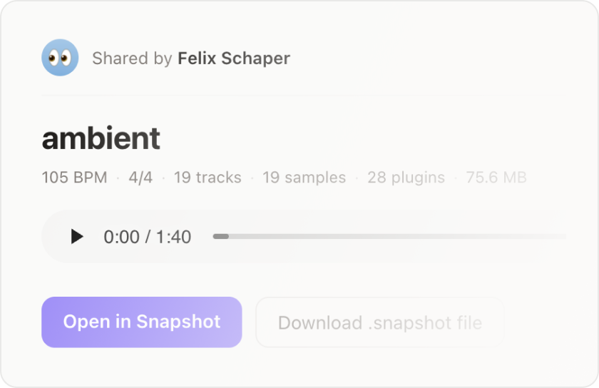 Snapshot share card with project info and Open in Snapshot button